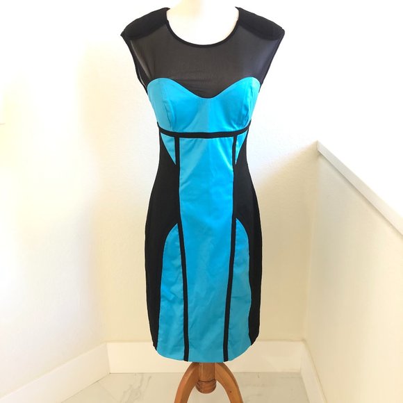 NEW BEBE Classic Black & Turquoise Blue Color block Silky Satin Stylish DRESS S - Picture 2 of 13